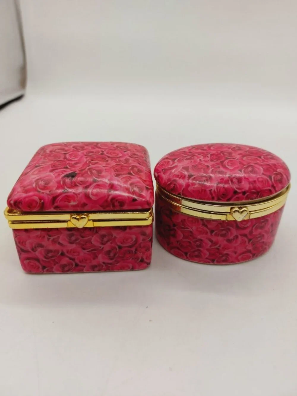 Trinket Box Pink Roses Hinged Round And Square Set Of 2 READ